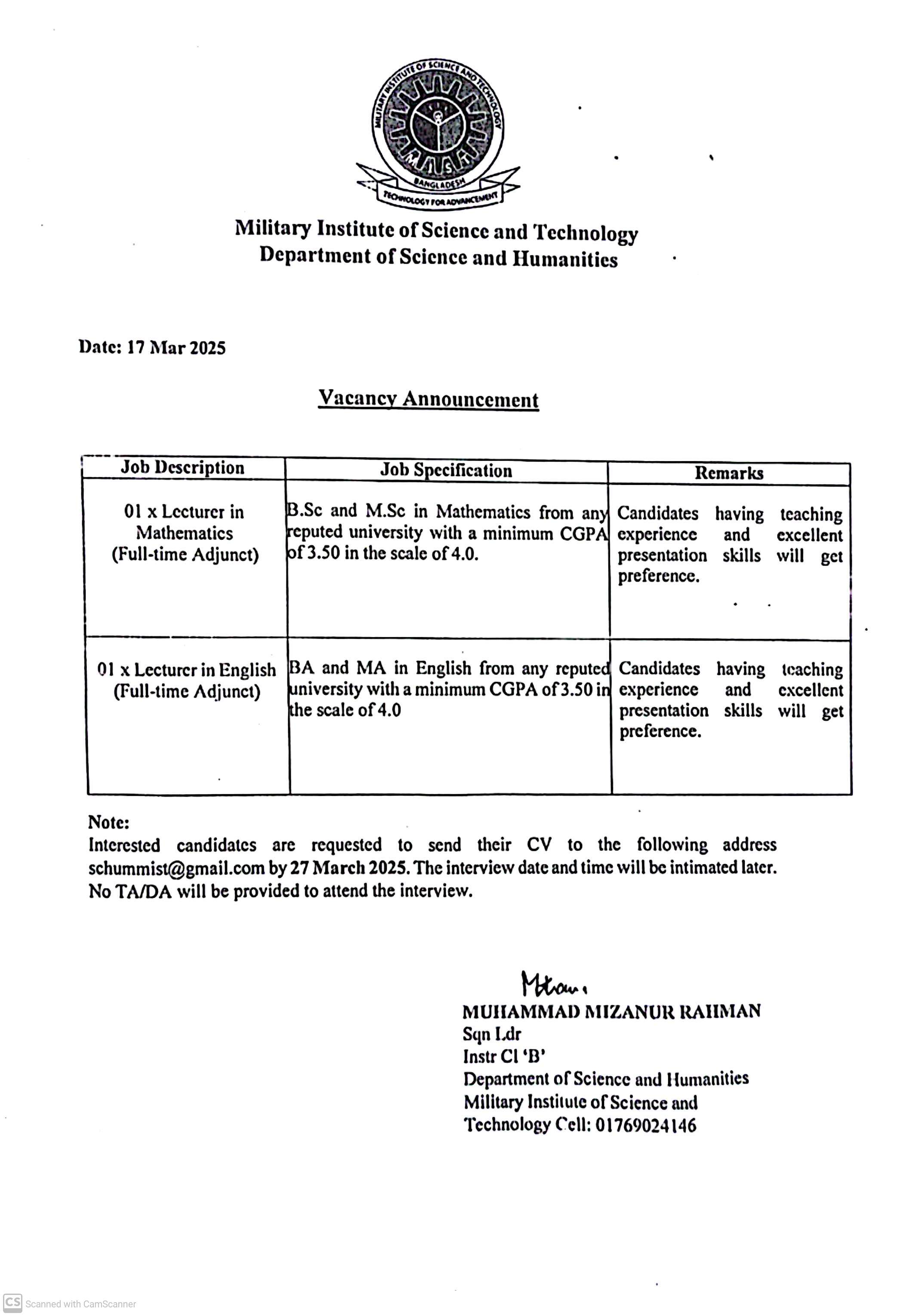 Employment Opportunities at the Sci & Hum Department